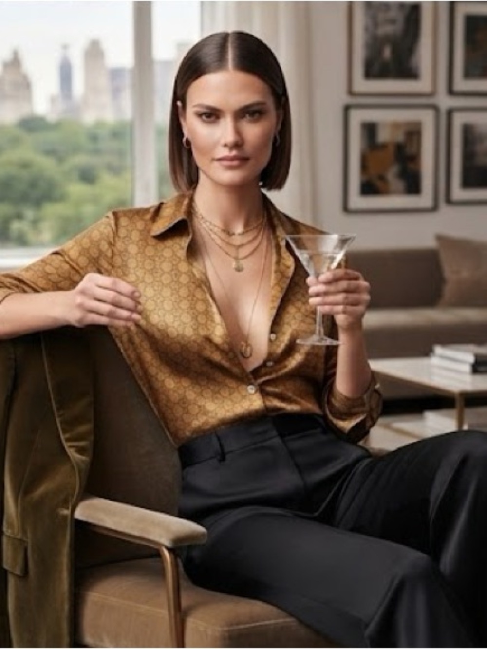 MICHAEL KORS Gold Equestrian Inspired ChainLink Print Collared Shirt Blouse